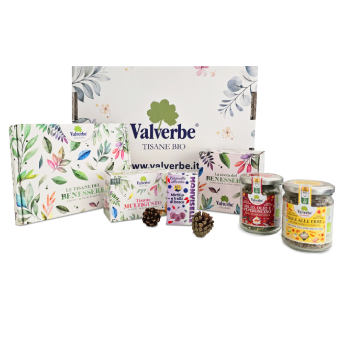 Box regalo: tisane assortite, tazza in ceramica, erbette Bio e caramelle Monviselle