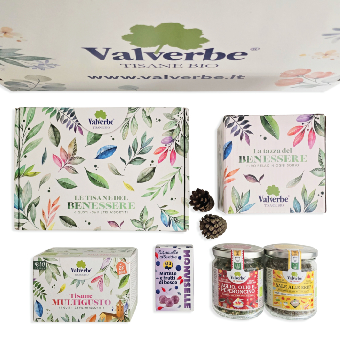 Gift box: assorted herbal teas, ceramic mug, organic herbs and Monviselle sweets
